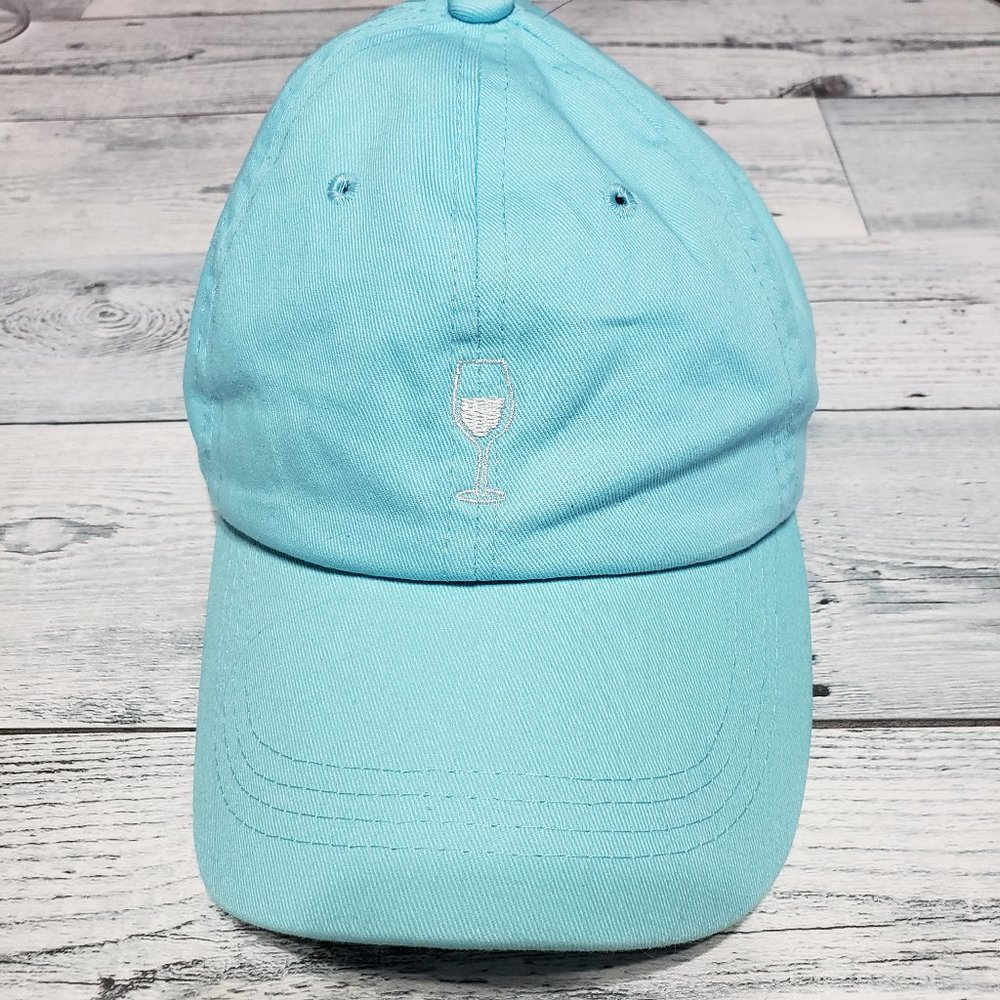 NWOT Body Rags Women's Adjustable Baseball Cap Wine Glass Half Full Blue OS